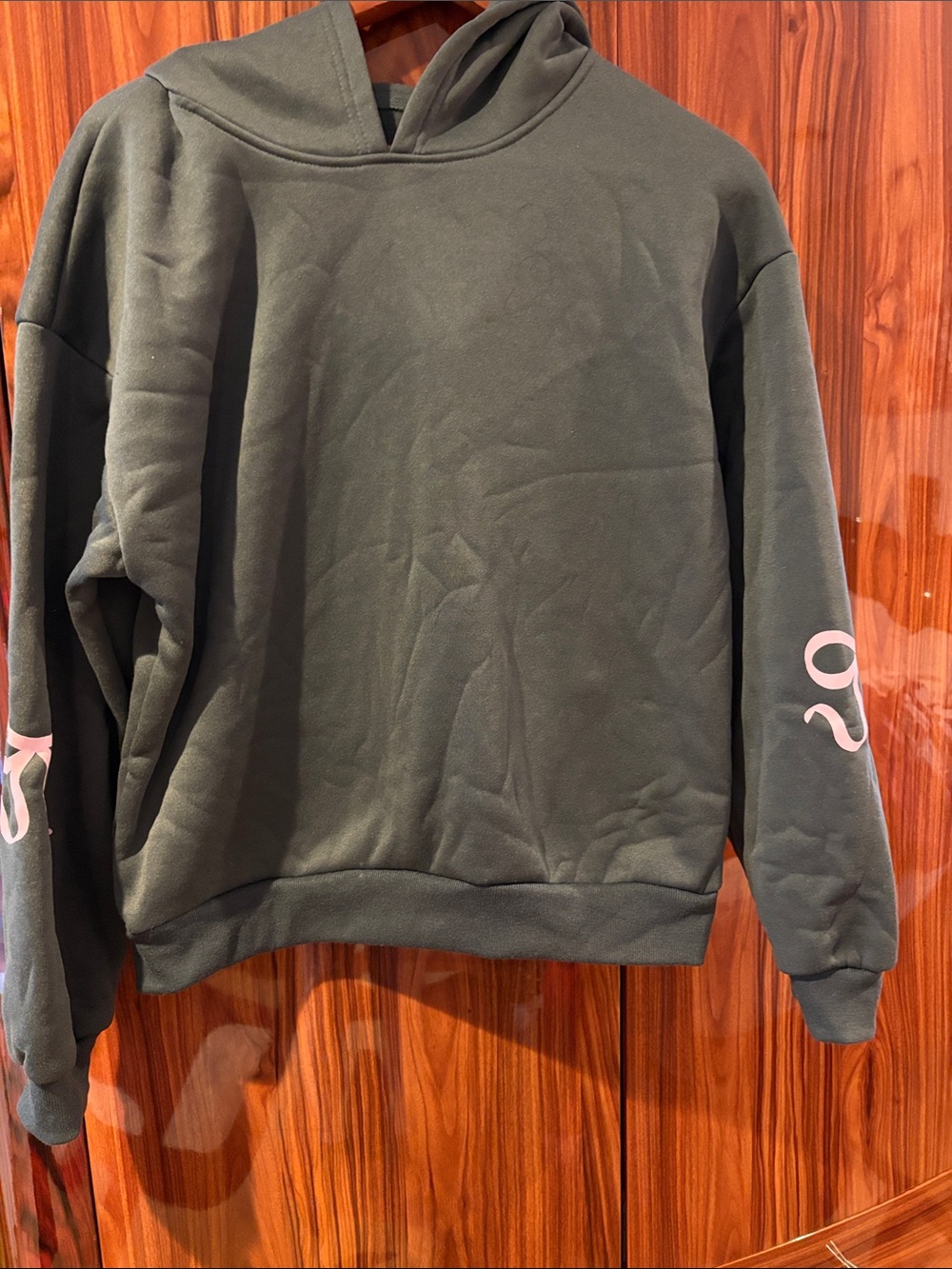 Olive Green Crewneck Sweatshirt with Pink Sleeve Accent